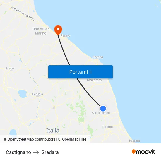 Castignano to Gradara map