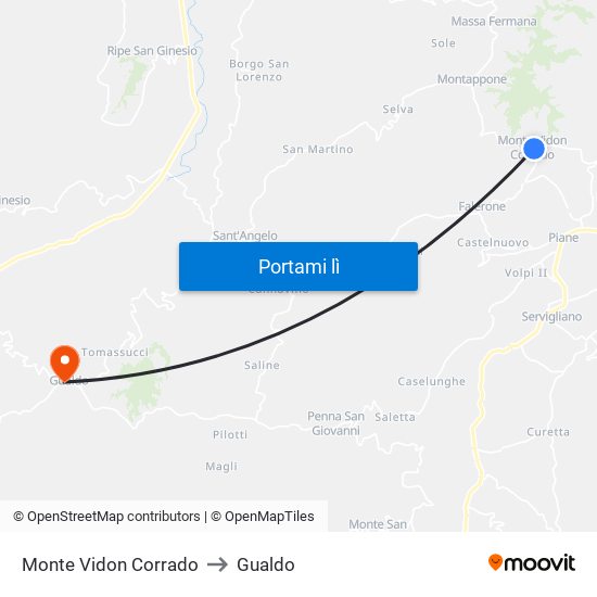 Monte Vidon Corrado to Gualdo map