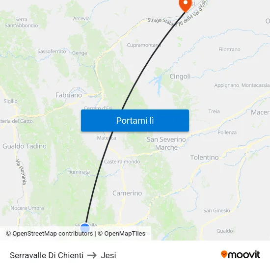Serravalle Di Chienti to Jesi map