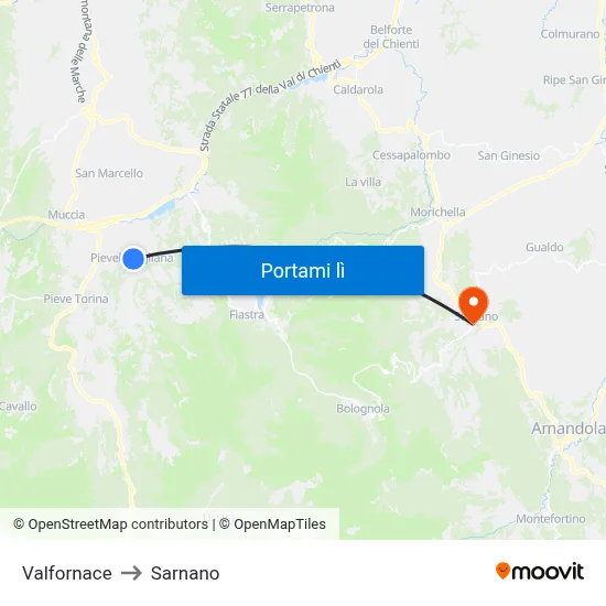 Valfornace to Sarnano map