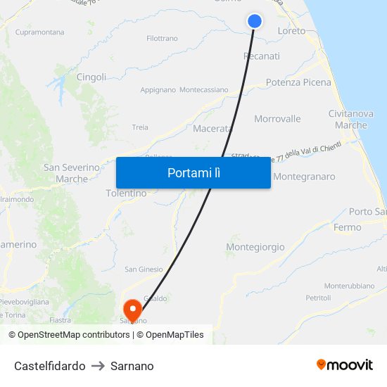 Castelfidardo to Sarnano map