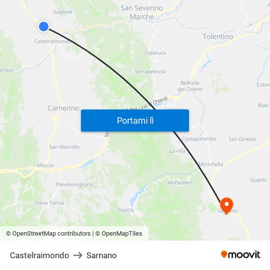 Castelraimondo to Sarnano map