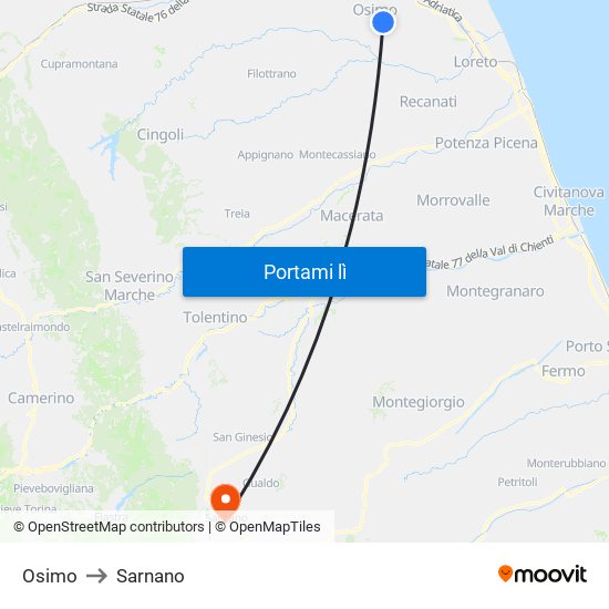 Osimo to Sarnano map