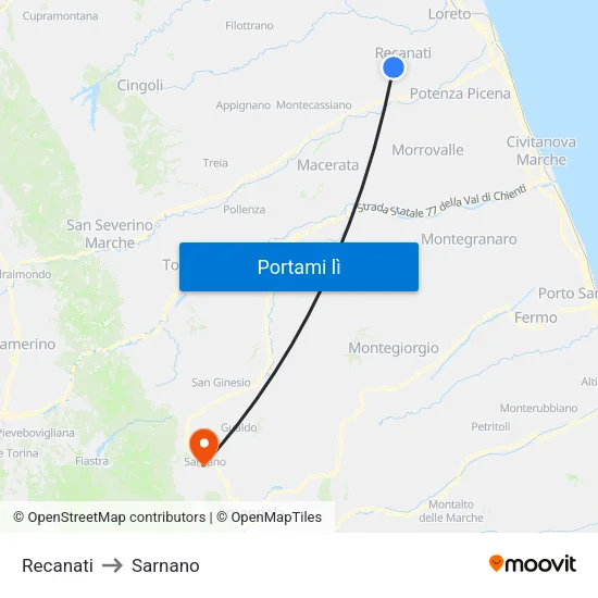 Recanati to Sarnano map