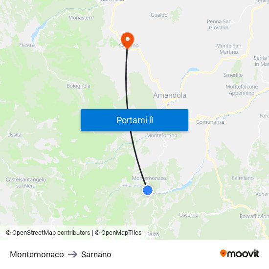 Montemonaco to Sarnano map