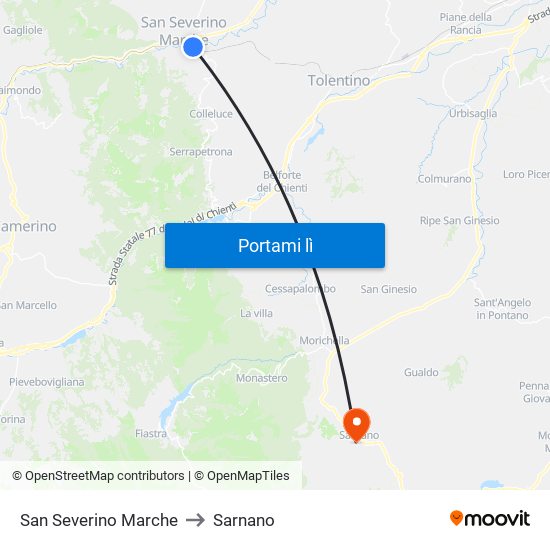 San Severino Marche to Sarnano map