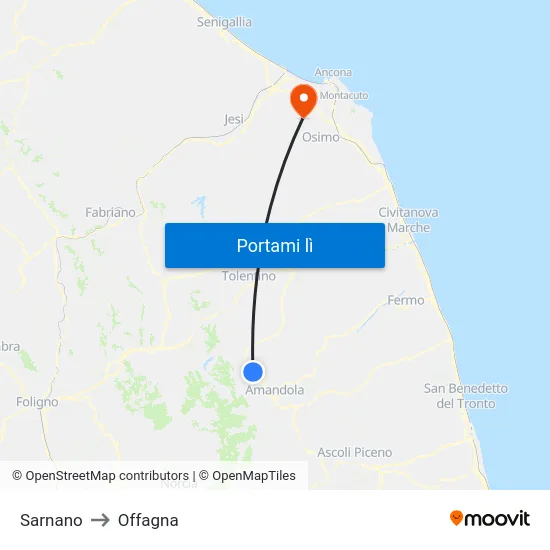 Sarnano to Offagna map