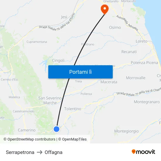 Serrapetrona to Offagna map