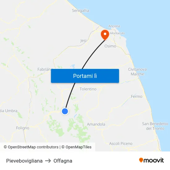 Pievebovigliana to Offagna map