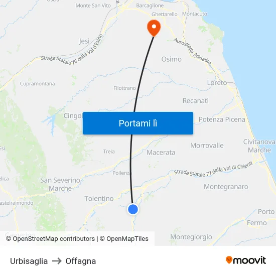 Urbisaglia to Offagna map