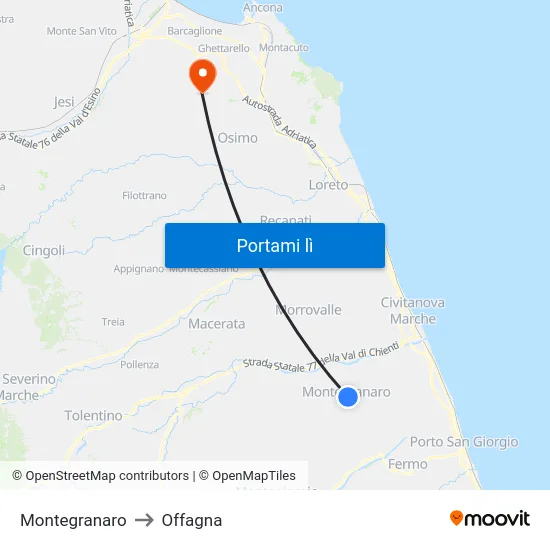 Montegranaro to Offagna map