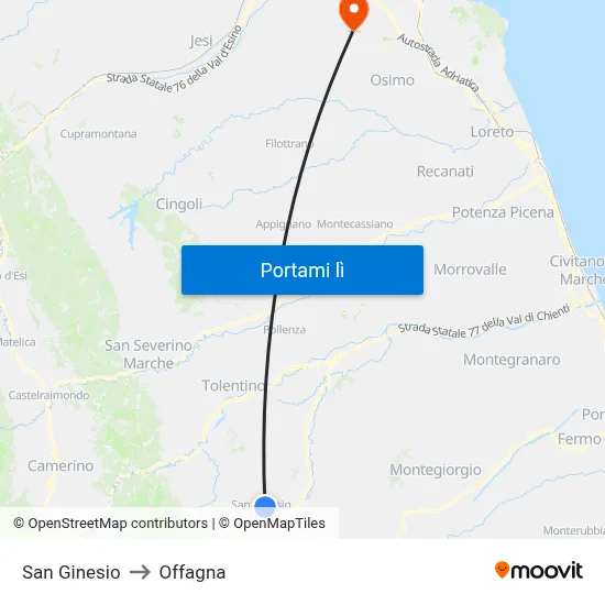 San Ginesio to Offagna map