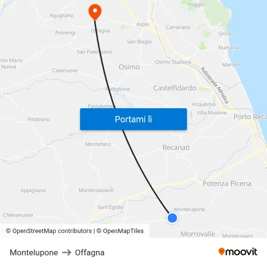 Montelupone to Offagna map