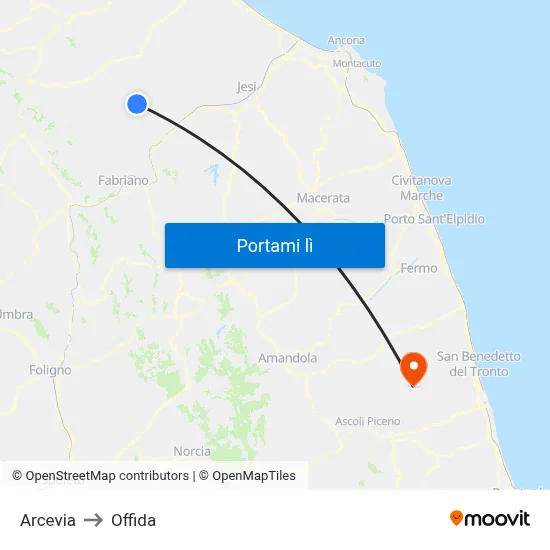 Arcevia to Offida map