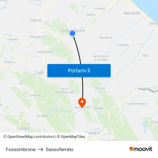 Fossombrone to Sassoferrato map