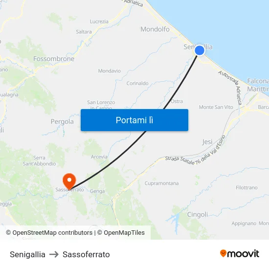 Senigallia to Sassoferrato map
