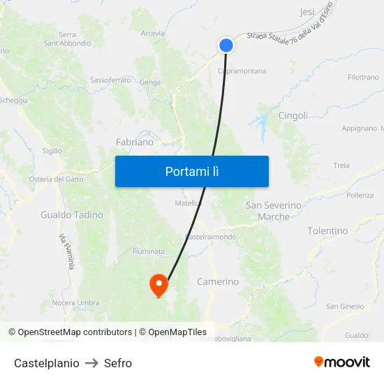 Castelplanio to Sefro map