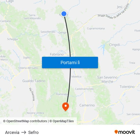 Arcevia to Sefro map