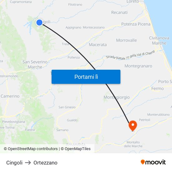 Cingoli to Ortezzano map