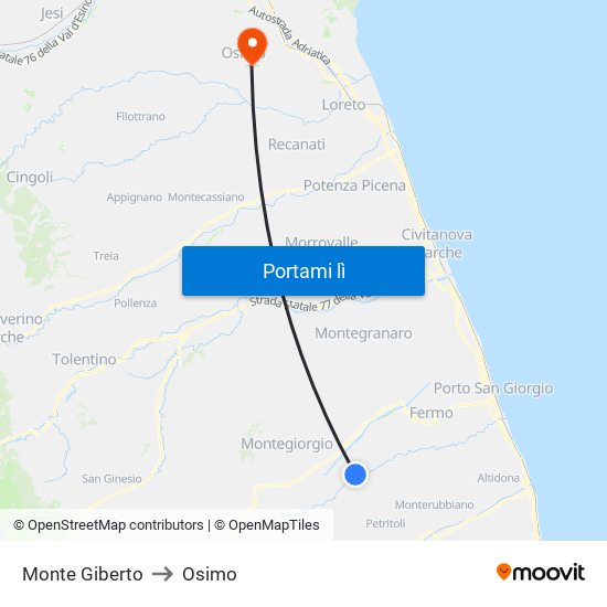 Monte Giberto to Osimo map