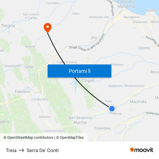 Treia to Serra De' Conti map