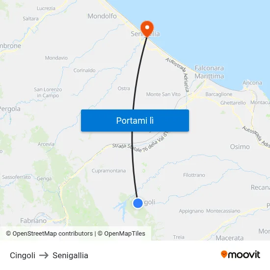 Cingoli to Senigallia map