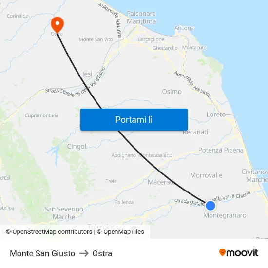 Monte San Giusto to Ostra map