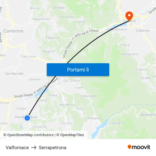 Valfornace to Serrapetrona map