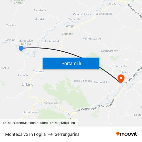 Montecalvo In Foglia to Serrungarina map