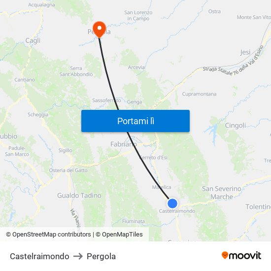 Castelraimondo to Pergola map