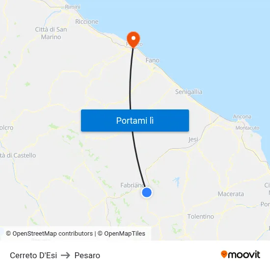 Cerreto D'Esi to Pesaro map