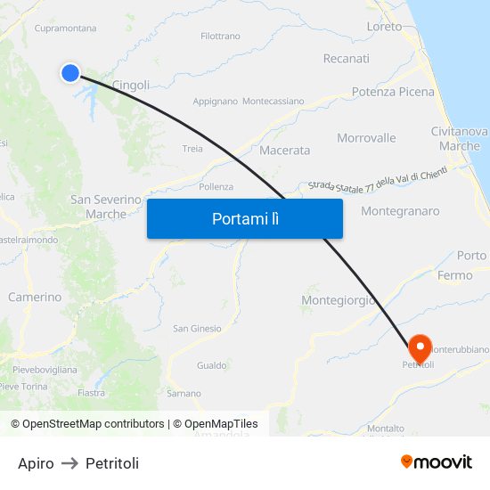 Apiro to Petritoli map