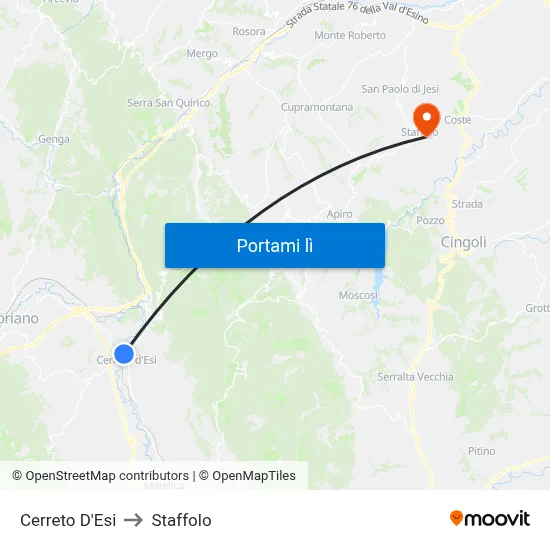 Cerreto D'Esi to Staffolo map