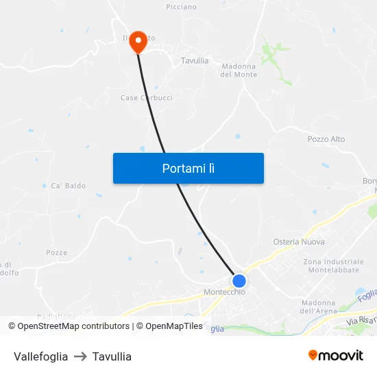 Vallefoglia to Tavullia map