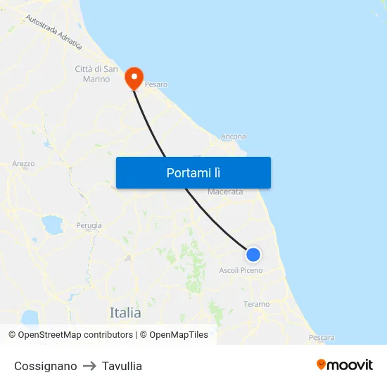 Cossignano to Tavullia map
