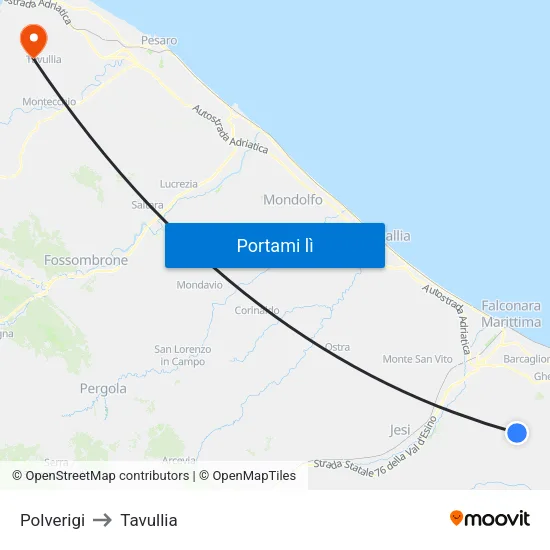 Polverigi to Tavullia map