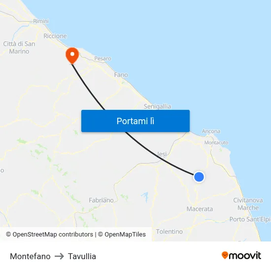 Montefano to Tavullia map
