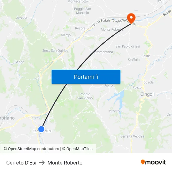 Cerreto D'Esi to Monte Roberto map