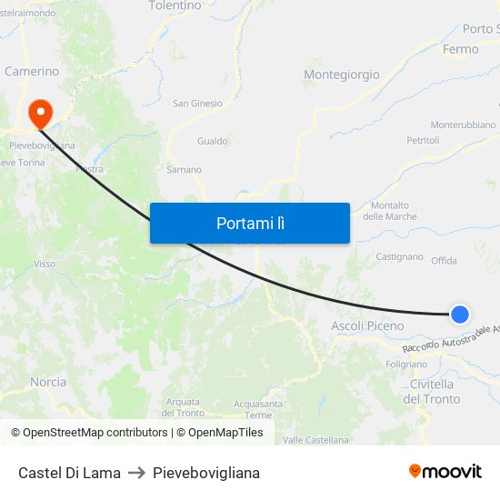 Castel Di Lama to Pievebovigliana map