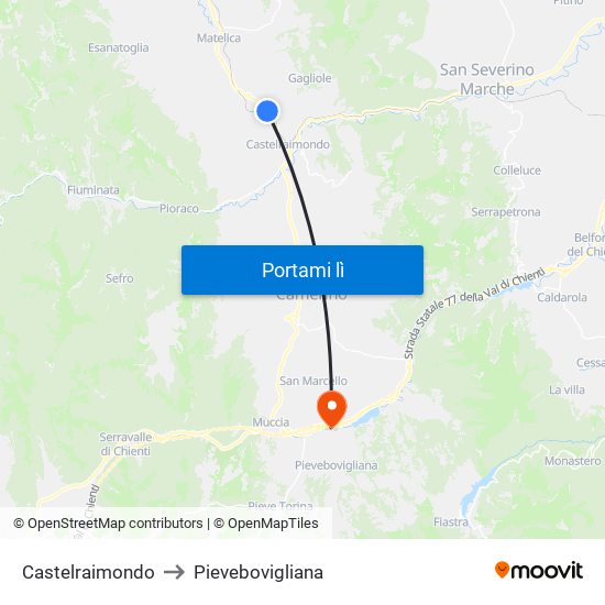 Castelraimondo to Pievebovigliana map