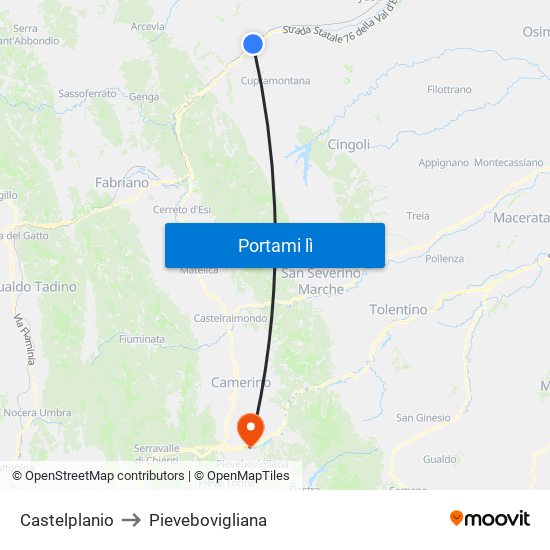 Castelplanio to Pievebovigliana map