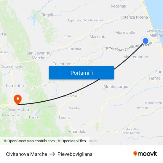 Civitanova Marche to Pievebovigliana map