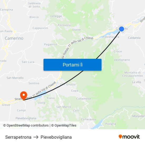 Serrapetrona to Pievebovigliana map