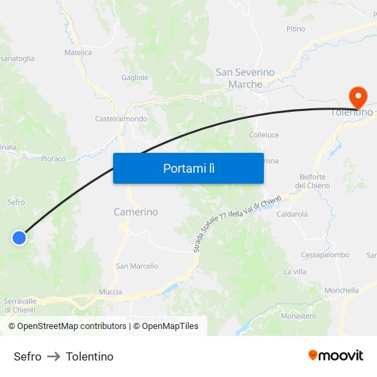 Sefro to Tolentino map