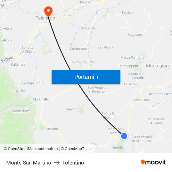 Monte San Martino to Tolentino map