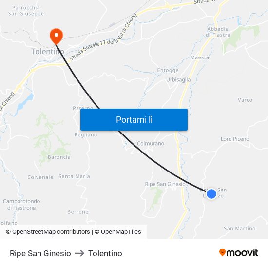 Ripe San Ginesio to Tolentino map