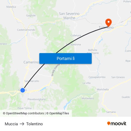 Muccia to Tolentino map