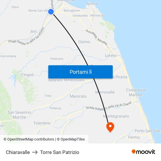 Chiaravalle to Torre San Patrizio map