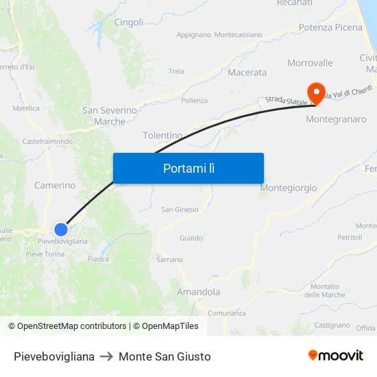 Pievebovigliana to Monte San Giusto map