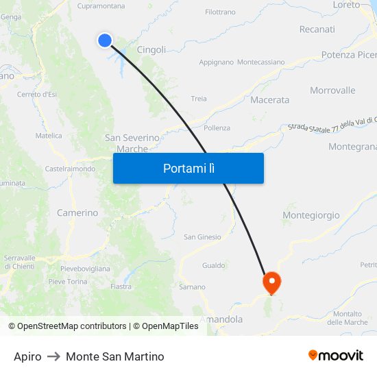 Apiro to Monte San Martino map